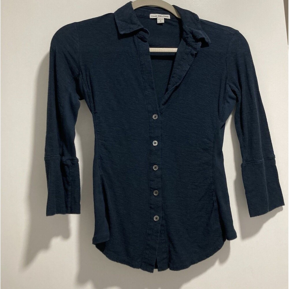 Standard James Perse Navy Fitted Long Sleeve Button Up Shirt Slub Cotton Pockets
